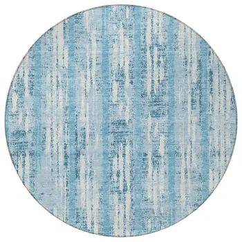 8' Sky Blue And Ivory Round Striped Washable Indoor Outdoor Area Rug