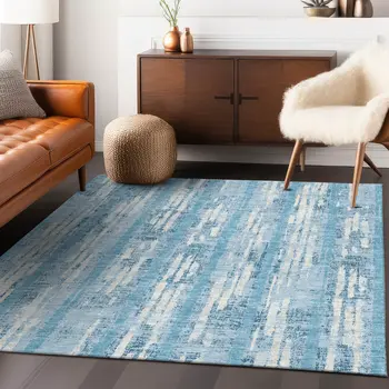 10' X 14' Sky Blue And Ivory Striped Washable Indoor Outdoor Area Rug