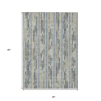 3' X 5' Taupe Gray And Blue Striped Washable Indoor Outdoor Area Rug