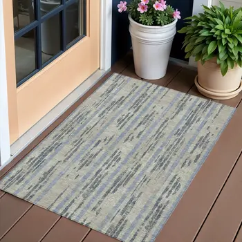 3' X 5' Taupe Gray And Blue Striped Washable Indoor Outdoor Area Rug