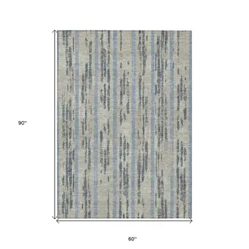 5' X 8' Taupe Gray And Blue Striped Washable Indoor Outdoor Area Rug