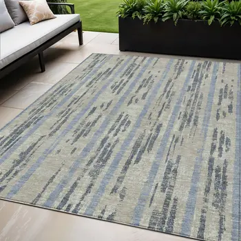 5' X 8' Taupe Gray And Blue Striped Washable Indoor Outdoor Area Rug