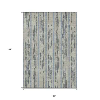 9' X 12' Taupe Gray And Blue Striped Washable Indoor Outdoor Area Rug