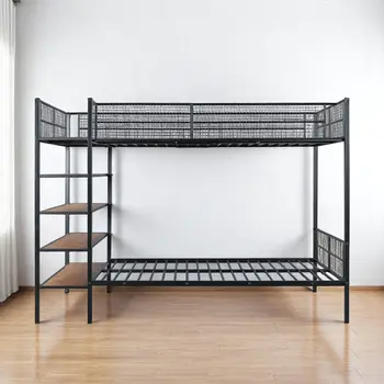 Black Twin Over Full Industrial Metal Bunk Bed With Shelves