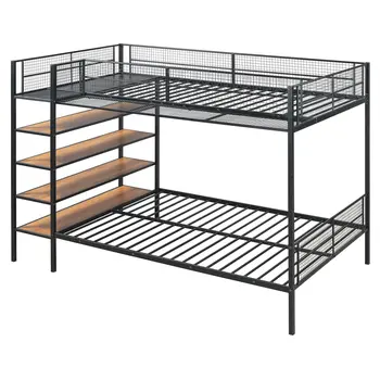 Black Twin Over Full Industrial Metal Bunk Bed With Shelves