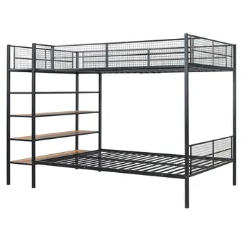 Black Twin Over Full Industrial Metal Bunk Bed With Shelves