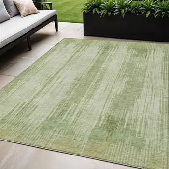 5' X 8' Artichoke Green And Ivory Striped Washable Indoor Outdoor Area Rug