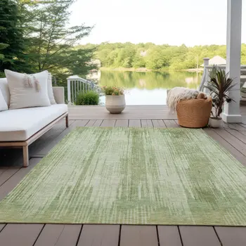 5' X 8' Artichoke Green And Ivory Striped Washable Indoor Outdoor Area Rug