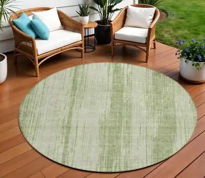 8' Artichoke Green And Ivory Round Striped Washable Indoor Outdoor Area Rug