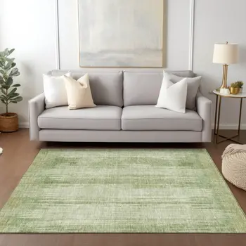 9' X 12' Artichoke Green And Ivory Striped Washable Indoor Outdoor Area Rug