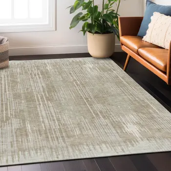 5' X 8' Beige And Ivory Striped Washable Indoor Outdoor Area Rug