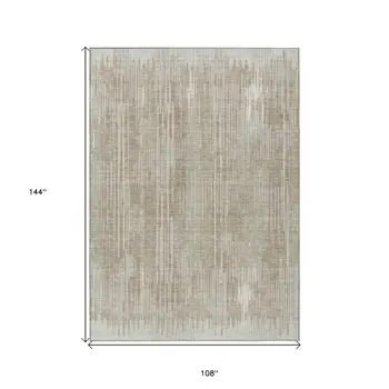 9' X 12' Beige And Ivory Striped Washable Indoor Outdoor Area Rug