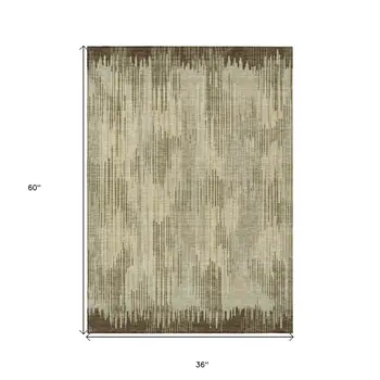 3' X 5' Brown And Green Striped Washable Indoor Outdoor Area Rug