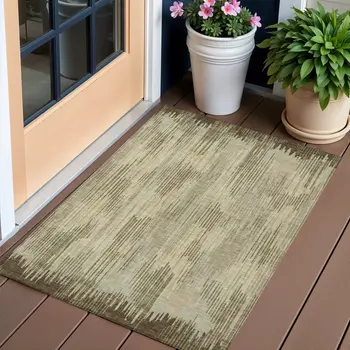 3' X 5' Brown And Green Striped Washable Indoor Outdoor Area Rug