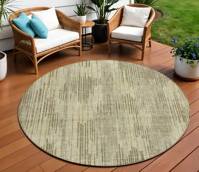 8' Brown And Green Round Striped Washable Indoor Outdoor Area Rug