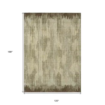 10' X 14' Brown And Green Striped Washable Indoor Outdoor Area Rug