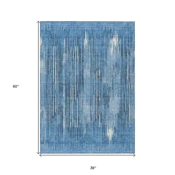 3' X 5' Blue And Ivory Striped Washable Indoor Outdoor Area Rug