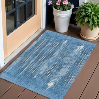 3' X 5' Blue And Ivory Striped Washable Indoor Outdoor Area Rug