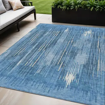 5' X 8' Blue And Ivory Striped Washable Indoor Outdoor Area Rug