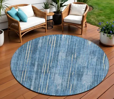 8' Blue And Ivory Round Striped Washable Indoor Outdoor Area Rug