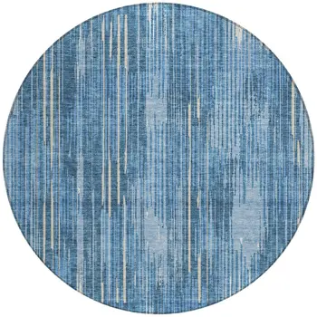 8' Blue And Ivory Round Striped Washable Indoor Outdoor Area Rug