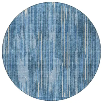 8' Blue And Ivory Round Striped Washable Indoor Outdoor Area Rug
