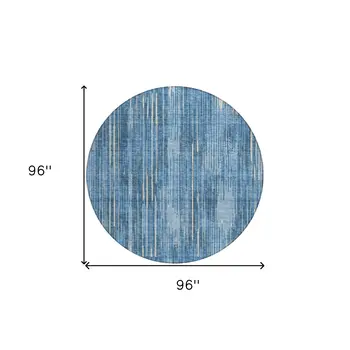 8' Blue And Ivory Round Striped Washable Indoor Outdoor Area Rug