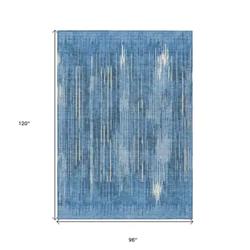 8' X 10' Blue And Ivory Striped Washable Indoor Outdoor Area Rug