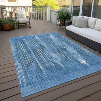8' X 10' Blue And Ivory Striped Washable Indoor Outdoor Area Rug
