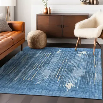 8' X 10' Blue And Ivory Striped Washable Indoor Outdoor Area Rug