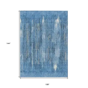 9' X 12' Blue And Ivory Striped Washable Indoor Outdoor Area Rug