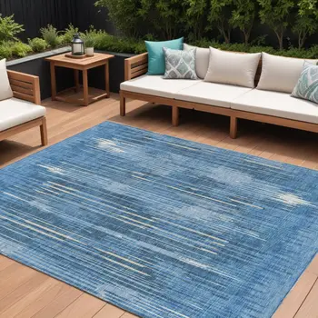 9' X 12' Blue And Ivory Striped Washable Indoor Outdoor Area Rug