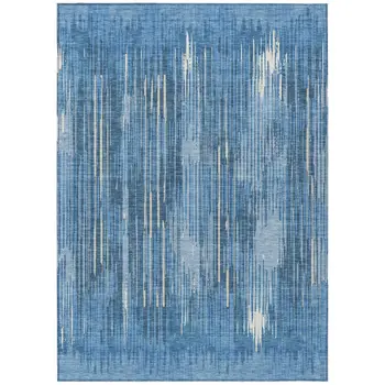 9' X 12' Blue And Ivory Striped Washable Indoor Outdoor Area Rug