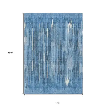 10' X 14' Blue And Ivory Striped Washable Indoor Outdoor Area Rug