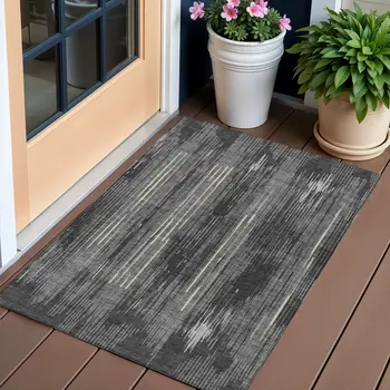 3' X 5' Charcoal Gray And Ivory Striped Washable Indoor Outdoor Area Rug