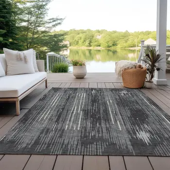 3' X 5' Charcoal Gray And Ivory Striped Washable Indoor Outdoor Area Rug