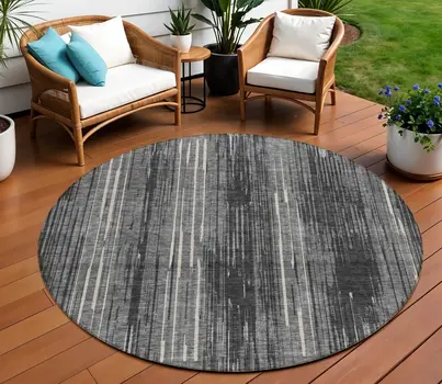 8' Charcoal Gray And Ivory Round Striped Washable Indoor Outdoor Area Rug