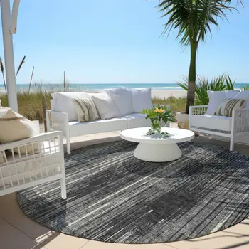 8' Charcoal Gray And Ivory Round Striped Washable Indoor Outdoor Area Rug