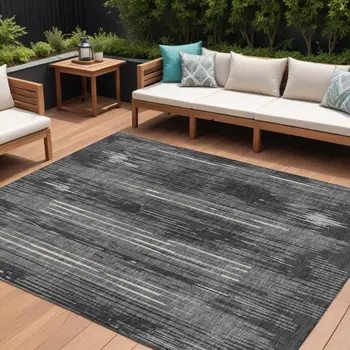 10' X 14' Charcoal Gray And Ivory Striped Washable Indoor Outdoor Area Rug
