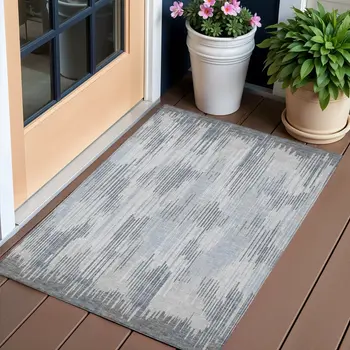 3' X 5' Gray And Ivory Striped Washable Indoor Outdoor Area Rug