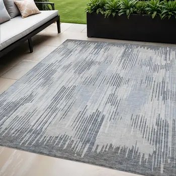 5' X 8' Gray And Ivory Striped Washable Indoor Outdoor Area Rug