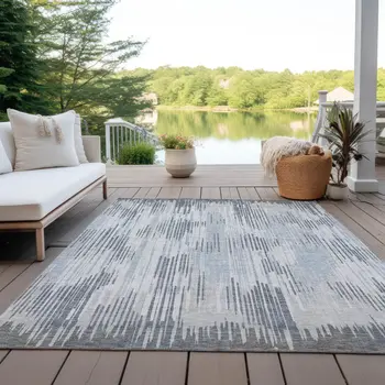 5' X 8' Gray And Ivory Striped Washable Indoor Outdoor Area Rug