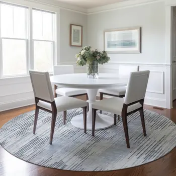 8' Gray And Ivory Round Striped Washable Indoor Outdoor Area Rug