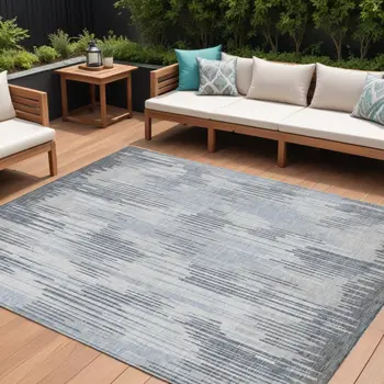 8' X 10' Gray And Ivory Striped Washable Indoor Outdoor Area Rug