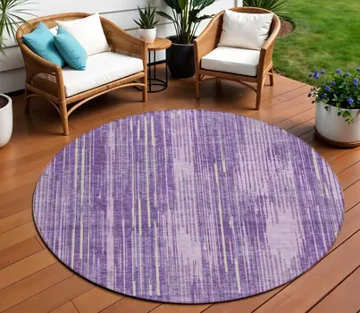 8' Purple And Ivory Round Striped Washable Indoor Outdoor Area Rug