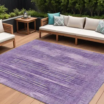 8' X 10' Purple And Ivory Striped Washable Indoor Outdoor Area Rug
