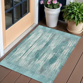 3' X 5' Teal Blue And Ivory Striped Washable Indoor Outdoor Area Rug