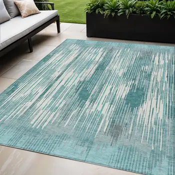 5' X 8' Teal Blue And Ivory Striped Washable Indoor Outdoor Area Rug