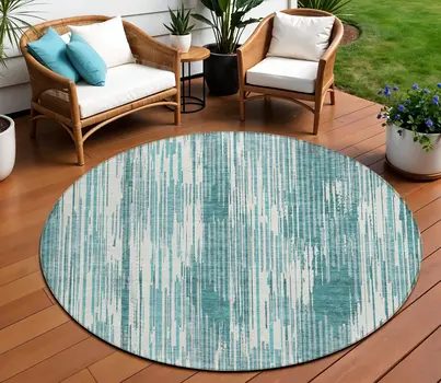8' Teal Blue And Ivory Round Striped Washable Indoor Outdoor Area Rug