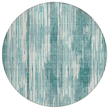 8' Teal Blue And Ivory Round Striped Washable Indoor Outdoor Area Rug